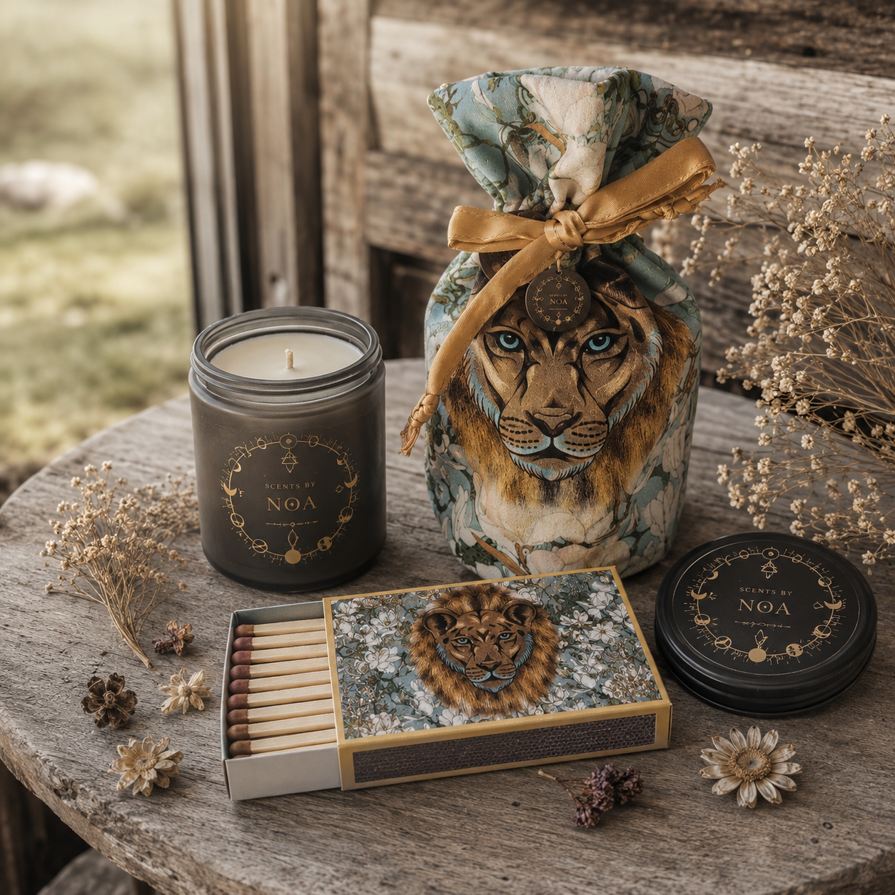 Gift set of a candle, wrapped fabric pouch and illustrated matchbox arranged on a weathered wooden table