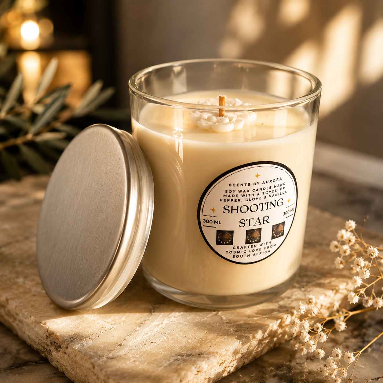 Shooting Star 300ml soy candle in an iridescent glass jar with a silver lid, displayed on a stone surface with soft dried flowers and warm candlelight