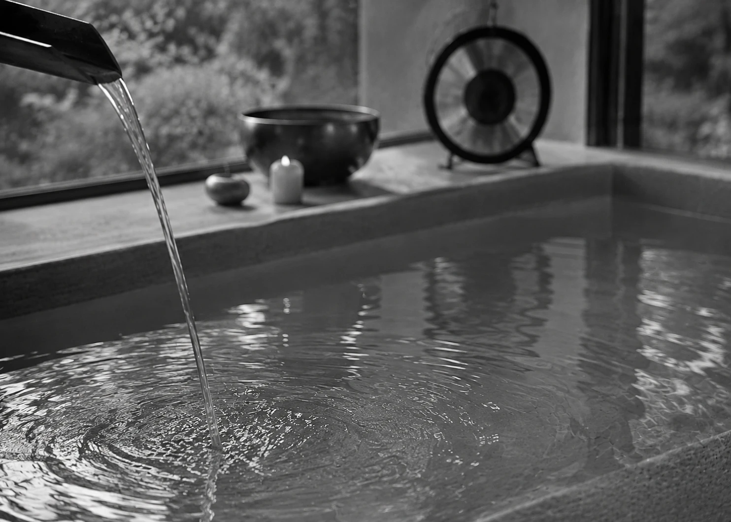 Water pouring into a still pool with a candle and singing bowl