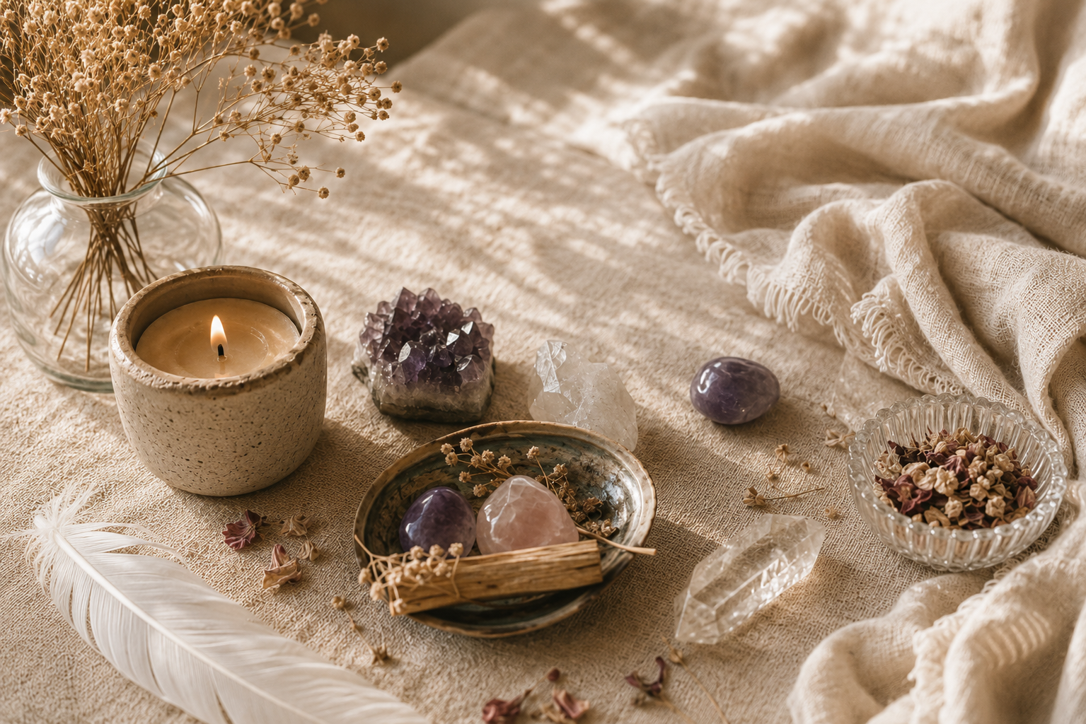 Candle, amethyst, rose quartz and palo santo arranged on soft linen