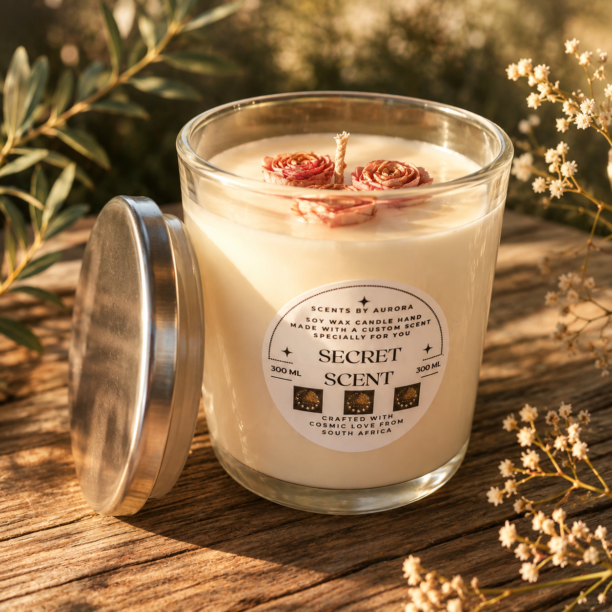 Secret Scent 300ml soy candle in a clear glass jar with a silver lid, topped with dried rose petals and baby's breath, on a weathered wooden surface