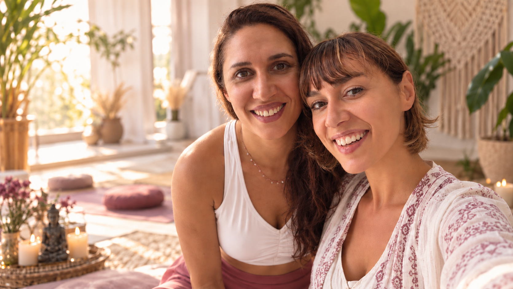 Noa and Leah Ivaneta smiling together in a bright, plant-filled studio
