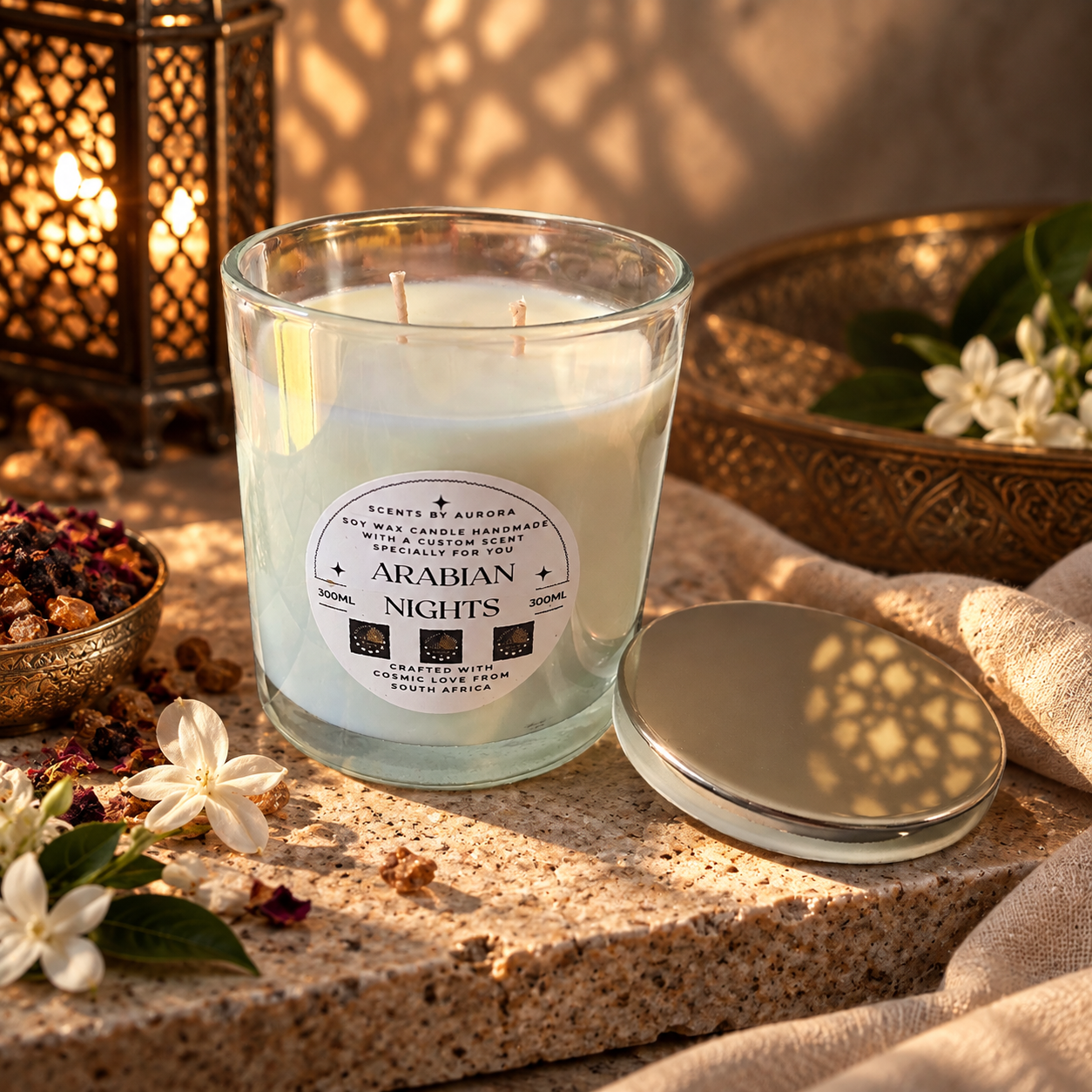 Arabian Nights two-wick soy candle in a clear glass jar beside its silver lid, styled with white jasmine flowers, dried botanicals and a lit lantern on a stone slab in warm golden light
