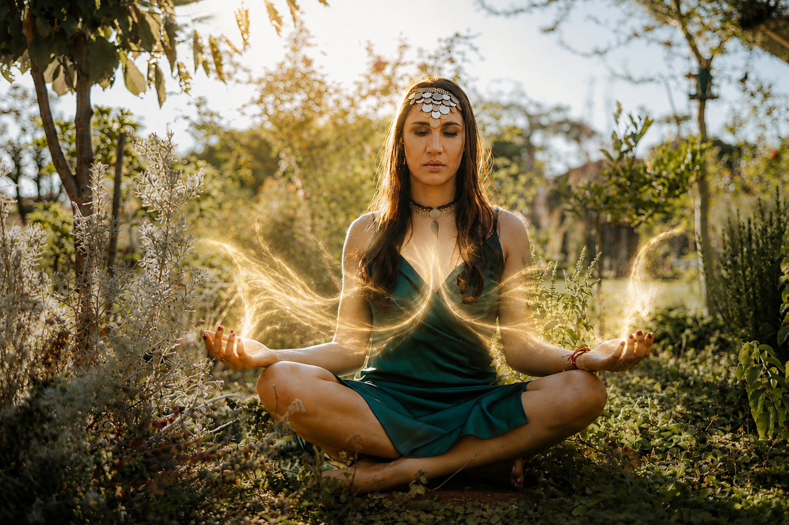 Noa seated in lotus in a sunlit garden with golden light streaming from her hands