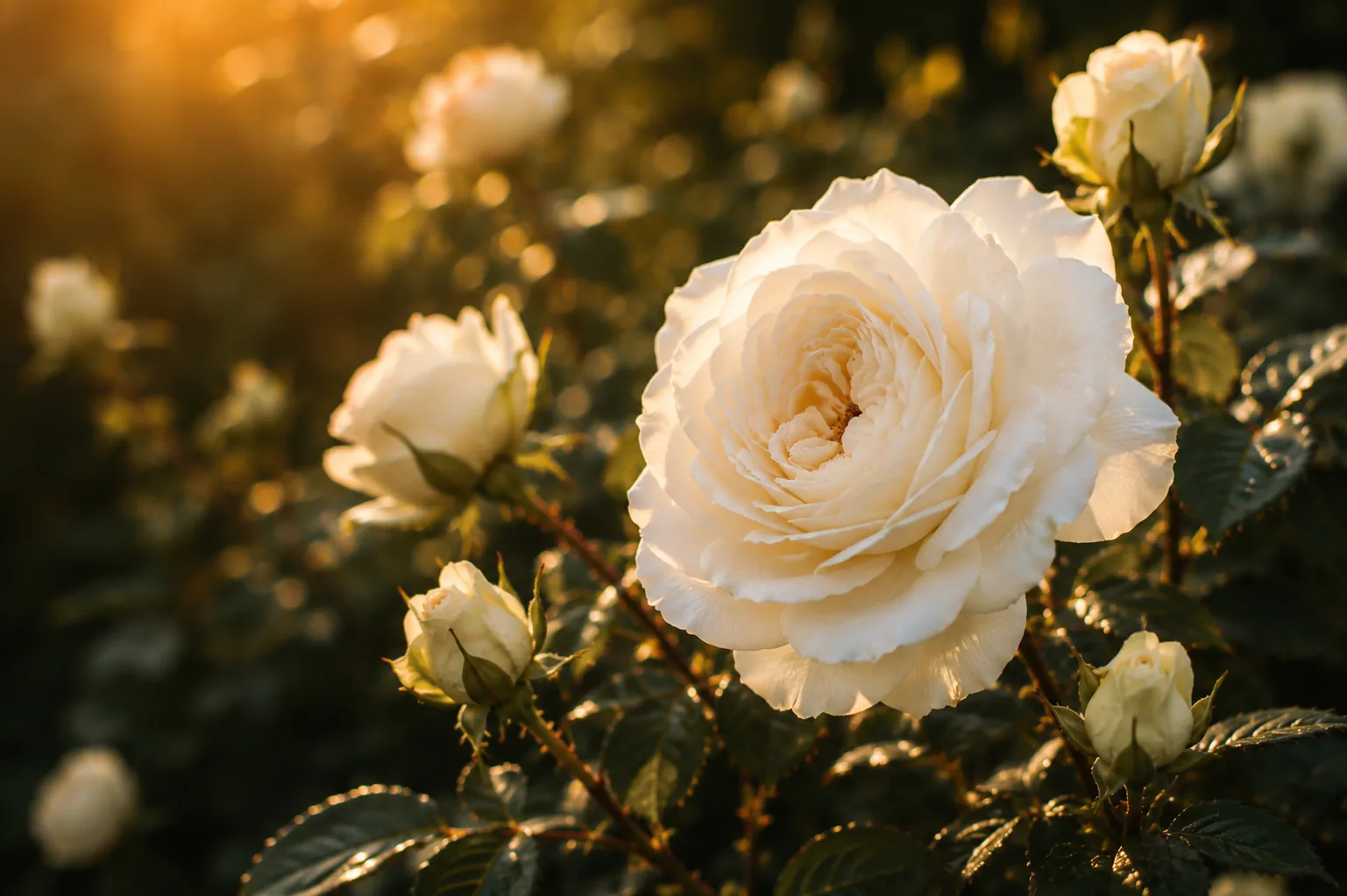 A white garden rose in full bloom, lit by low golden sunlight