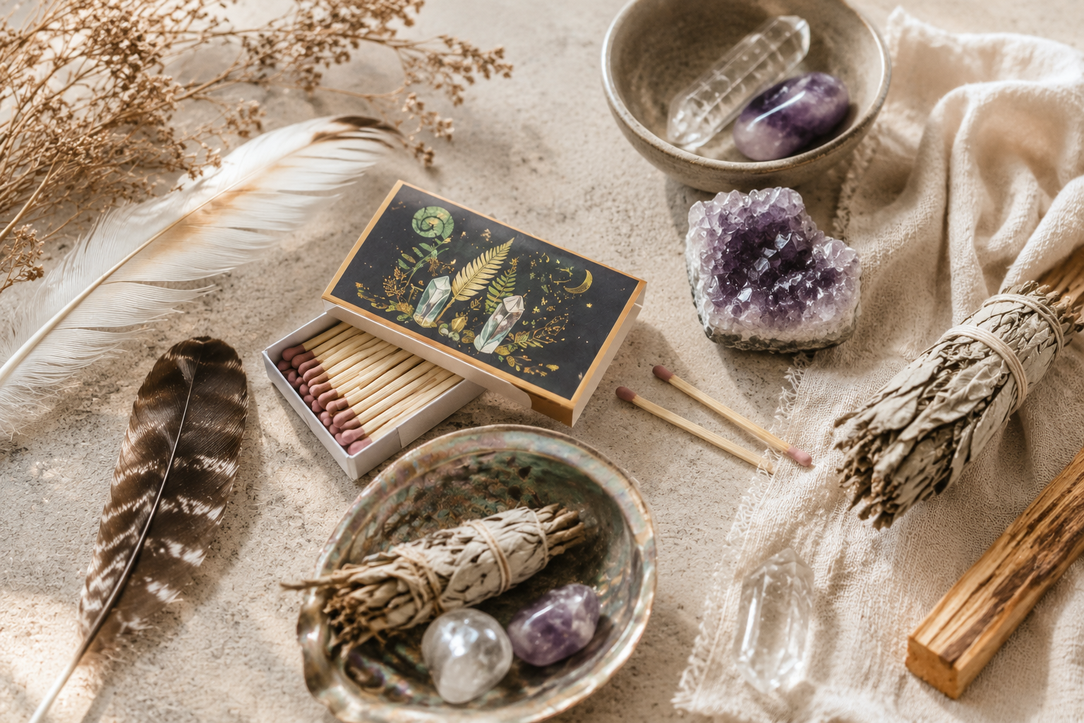 Flat lay of a botanical matchbox, matches, feathers, crystals, sage bundle and palo santo on soft sand
