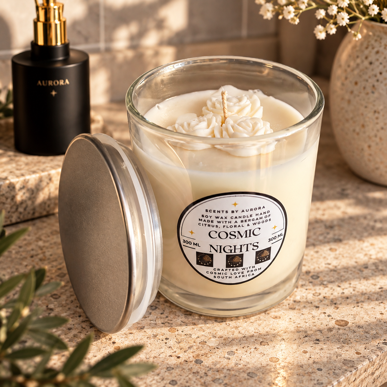 Cosmic Nights 300ml soy candle in a clear glass jar with sculpted wax roses on top and a silver lid beside it, in warm afternoon sunlight on a speckled stone countertop