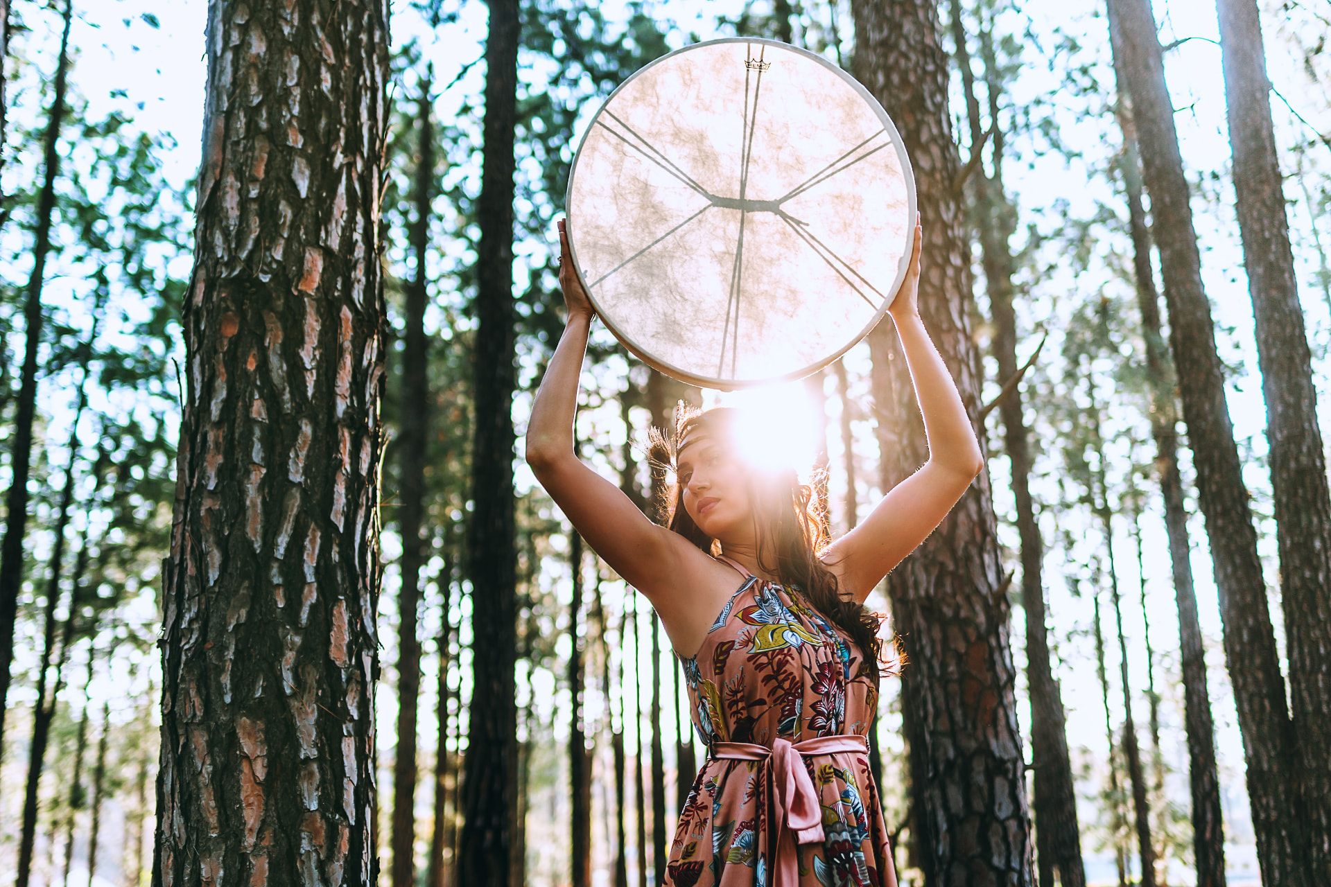 Noa holding a shamanic frame drum up to the sun in a pine forest