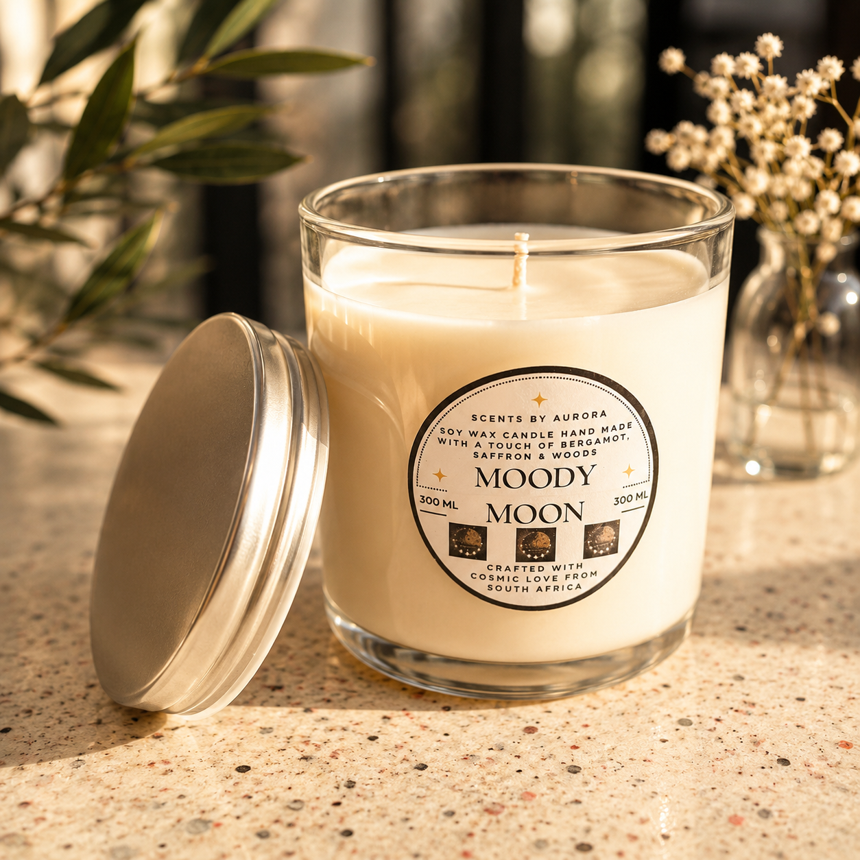 Moody Moon 300ml soy candle in an iridescent glass jar with a silver lid, displayed on a warm stone surface with soft botanicals and gentle candlelight