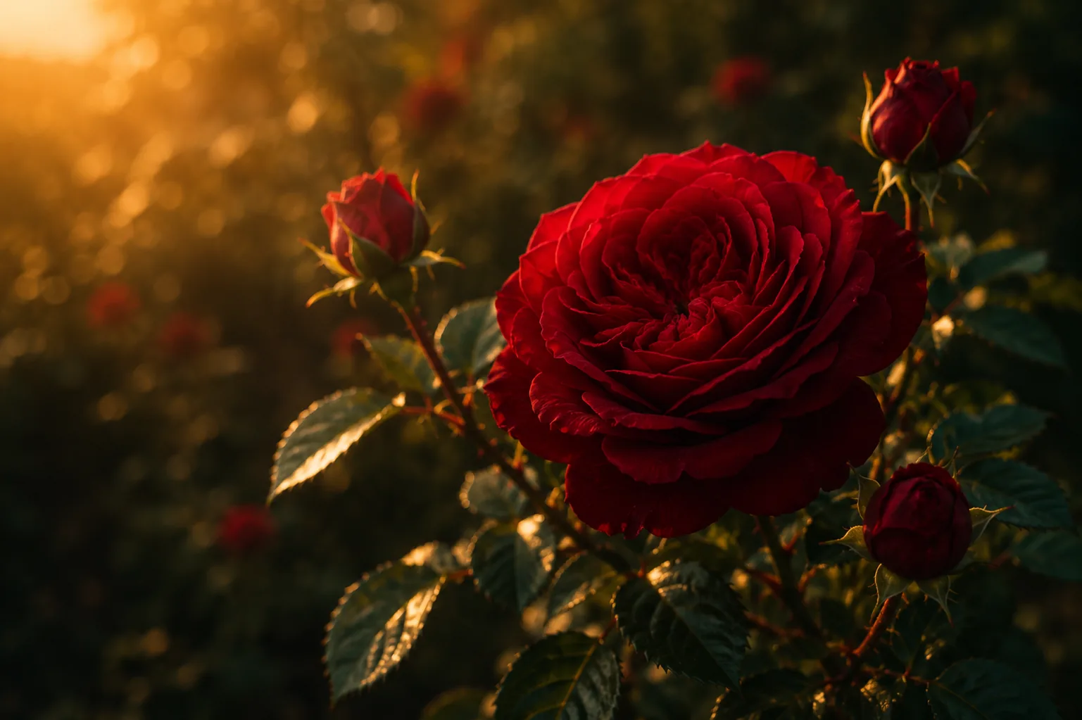 A deep red garden rose in full bloom at sunset