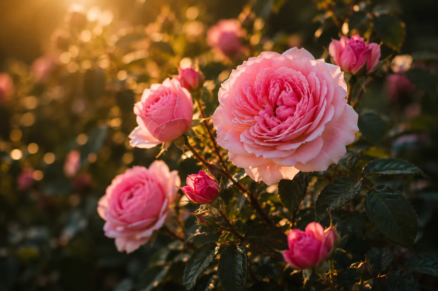 A pink garden rose opening in soft golden light