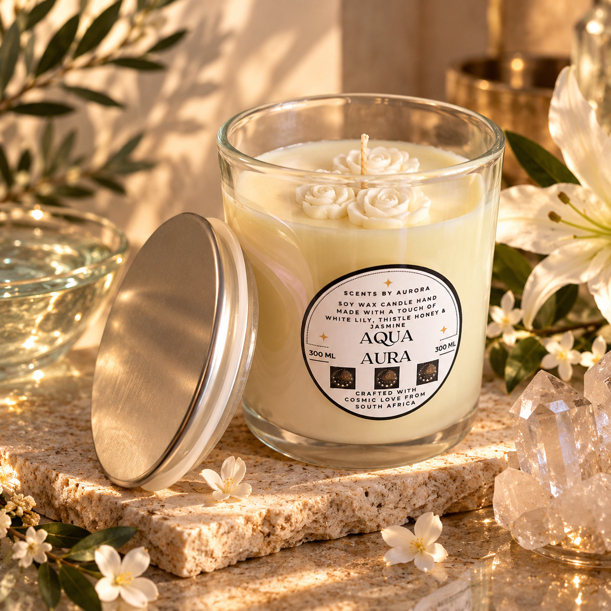 Aqua Aura 300ml soy candle in an iridescent glass jar with a silver lid, glowing softly in a serene aqua-toned setting