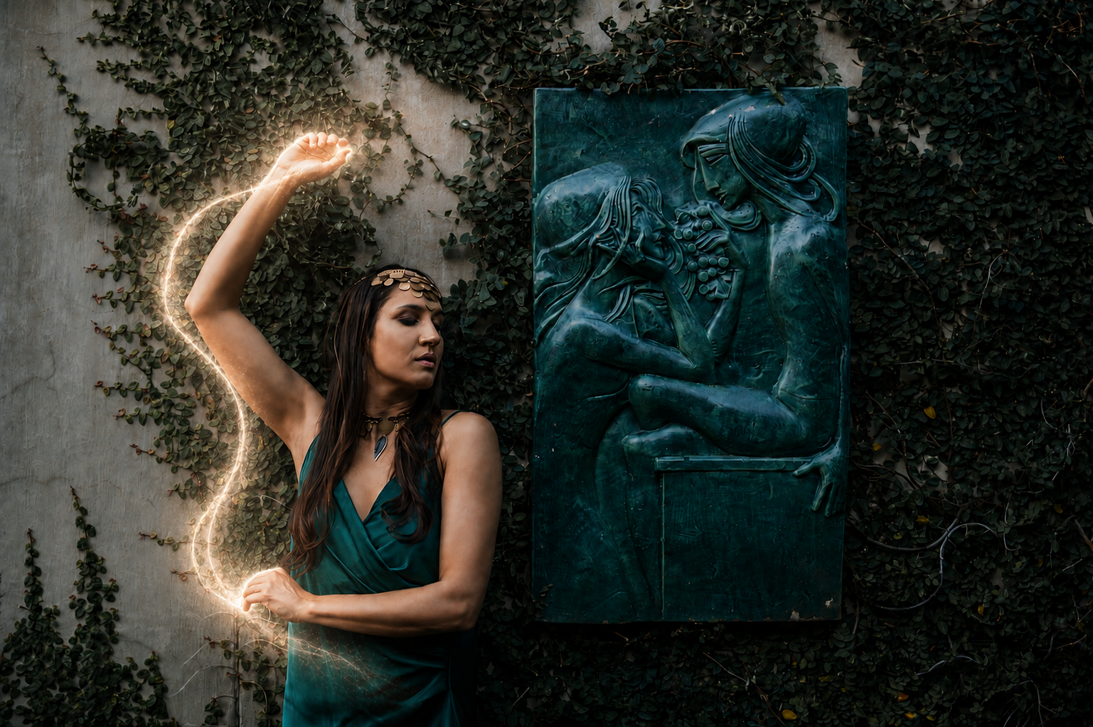 Noa raising her arm beside an ivy-covered relief as a ribbon of light rises
