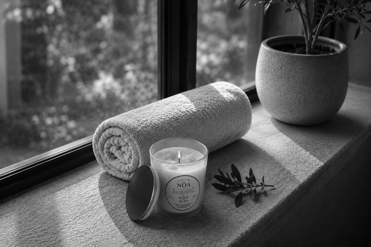 A softly lit candle and rolled towel beside the pool
