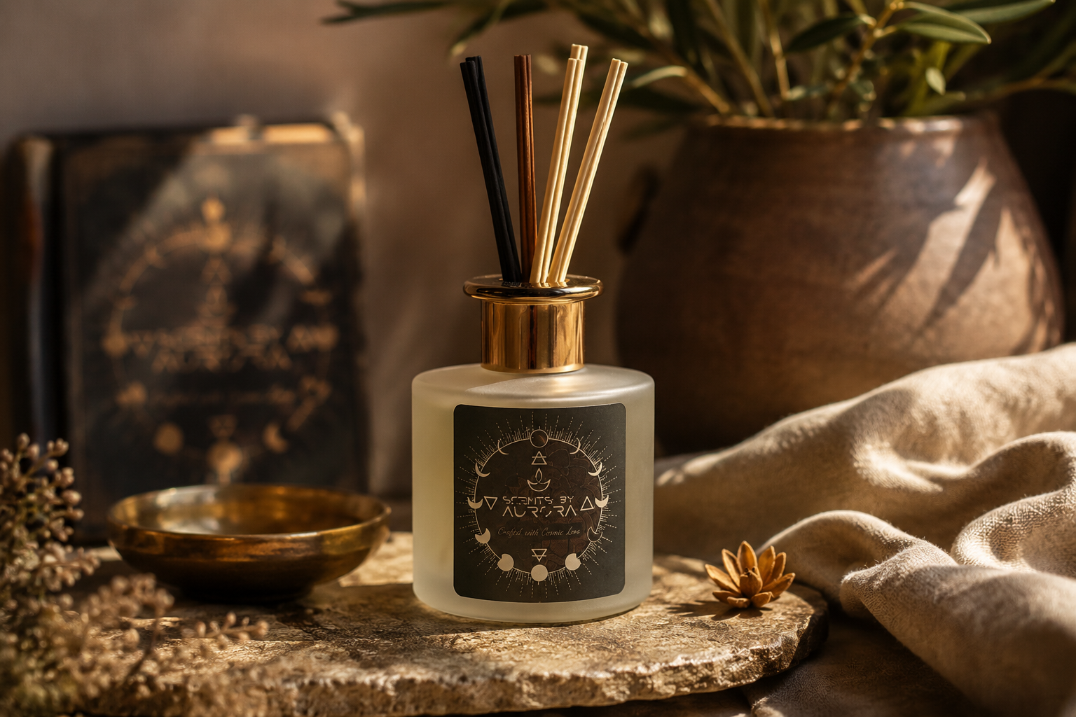 Frosted glass reed diffuser with a gold collar and dark label on a stone slab in warm light