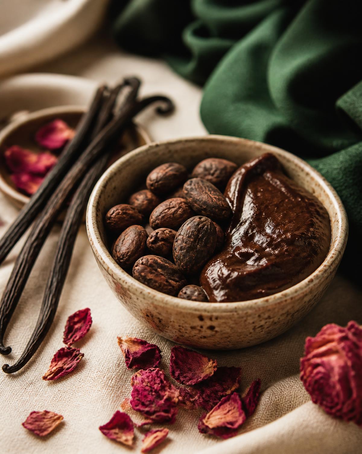 Ceremonial cacao beans and cacao paste in a handmade ceramic bowl, surrounded by vanilla pods and dried rose petals on cream linen